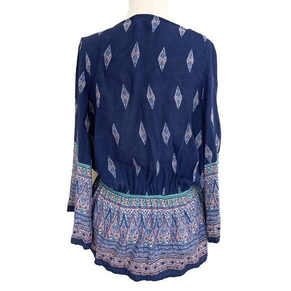 Black Note Surplice Blouse Top Blue Long Sleeve Deep V-Neck Geo Print Size M - Picture 3 of 4